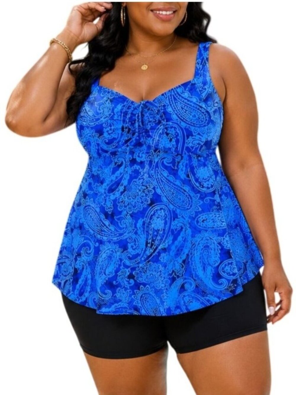 Yonique Plus Size 18 Tankini Set Blue 2-Piece Swimsuit Boy Shorts Bowknot V-Neck